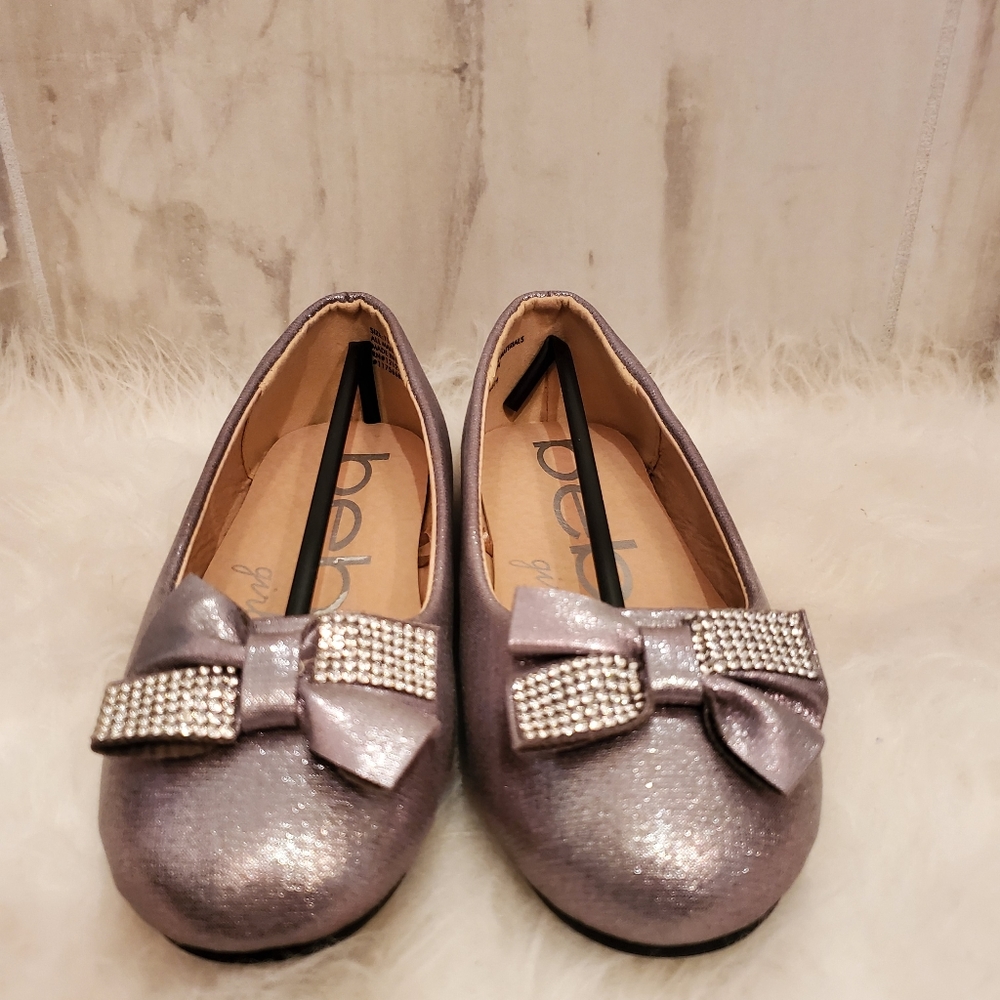 Girls Gray Ballerina Flats with rhinestone bow